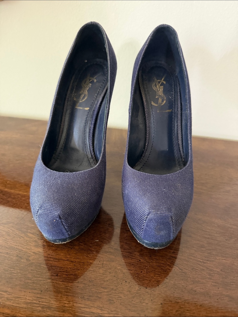 Saint Laurent Navy Canvas Platform Pumps - Dark Blue
